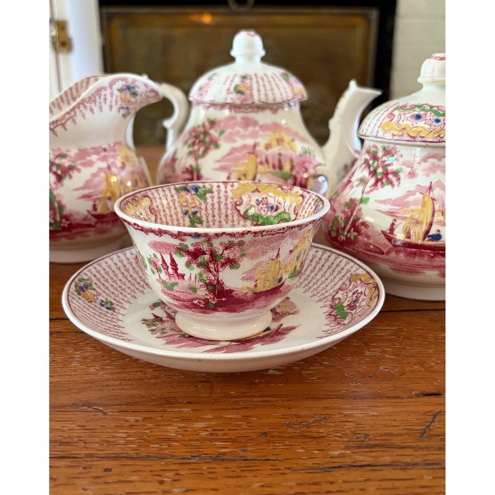 Petrus Regout Fancy Tea Set Pink Chinoiserie Cups Teapot Sugar Creamer Holland